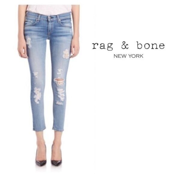 Rag & Bone Cropped Skinny Denim Jeans 26 Capri Shredded Distressed Arsenal Blue - Picture 1 of 7